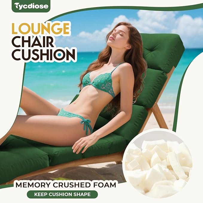 All Weather Chaise Lounge Cushions Outdoor Lounge Chair Cushion, Waterproof Memory Foam Chaise Lounger Chair Cushion Replacement for Outdoor Patio Furniture with Non-Slip Back and Ties, Green