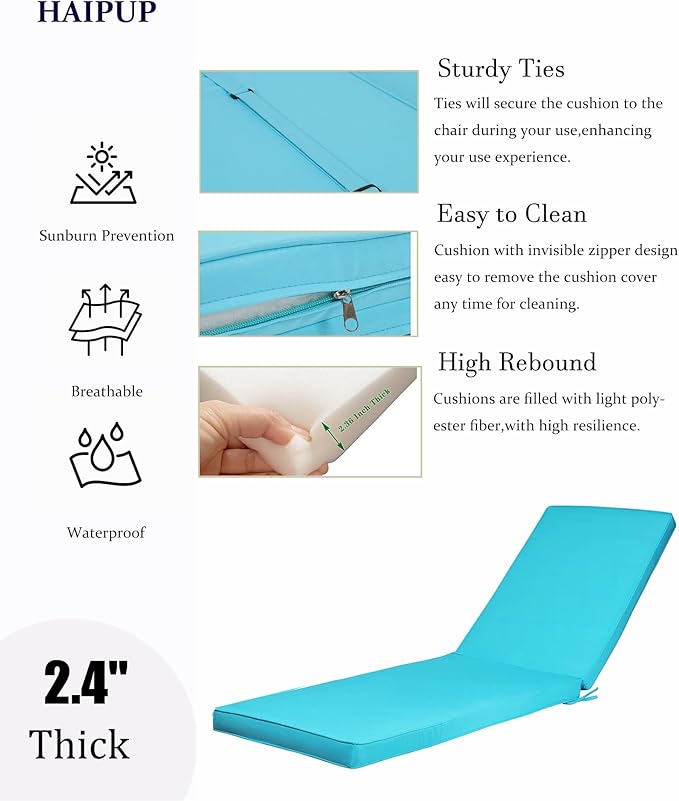 Outdoor Chaise Lounge Chair Cushions 2 Pack, Thick Waterproof Patio Pool Lounge Cushions, Fade Resistant(Sky Blue)