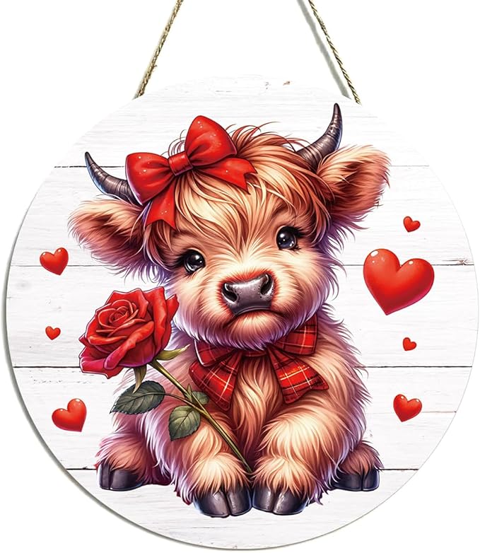 Valentines Day Wall Decor, Valentines Day Door Decorations, Gift for Boyfriend Girlfriend, Heart Rose Bow Highland Cow Wood Hanging Sign Anniversary Porch Home Bedroom Office Door Decor