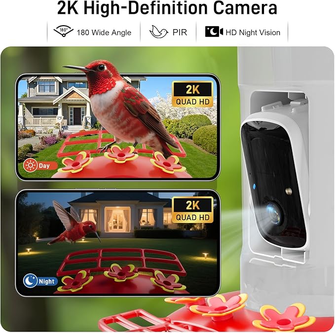 Hummingbird Feeder with Camera Outdoor, SV3C Hanging Bird Feeder with Ant Moat & Bee-Proof, HD 2K Solar Powered, AI Bird Identify, Instant App Alerts, Auto Capture, Hummingbird Lover Gifts, 21oz, Red