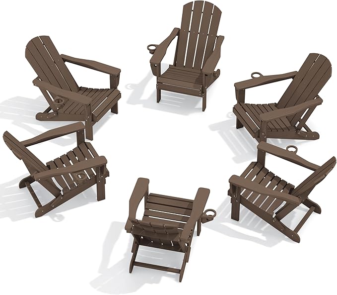 SERWALL Folding Adirondack Chair Set of 6, Adjustable Adirondack Chair with 3 Recline Positions, All Weather HDPE Outdoor Adirondack with Cup Holders, Coffee