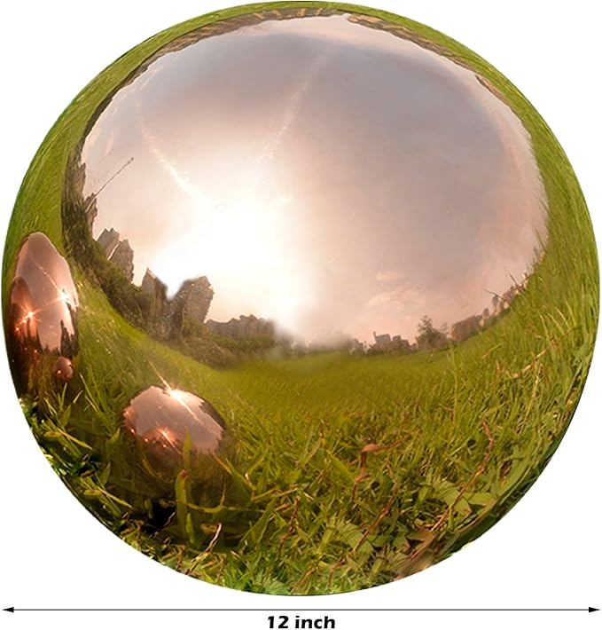 Nerien 12inch Gazing Ball, Stainless Steel Garden Mirror Globe, Polished Ornament Sphere, Hollow Floating Reflective Hemisphere, Home Outdoor Pond Housewarming Swimming Pool Decoration Gift, Rose Gold
