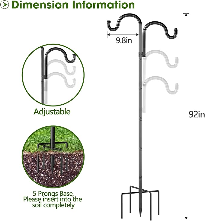 Double Shepherds Hooks for Outdoor,92" Heavy Duty Bird Feeder Pole with 5 Prong Base, Adjustable Shepherds Hook for Bird feeders Outside, Garden, Weddings, Hanging Plants, 1 Pack, Black