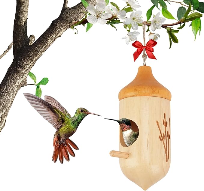 Hummingbird House, Small Wooden Hummingbird House for Outdoors, Cute Bird House with Bow & Hanging String, Garden Decor & Gift
