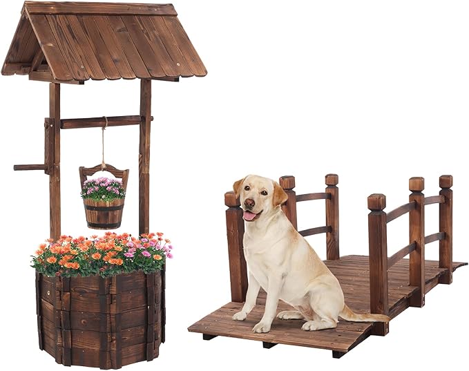 VINGLI Wooden Wishing Well and Garden Bridge Bundle for Outdoor Rustic Wedding Garden Decor Country Theme Style, Ornamental Landscaping Art Project Barrel Planter and Wooden Bridge Set for Backyard