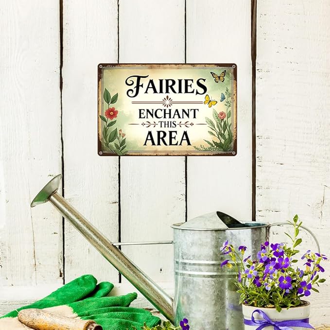Funnysign Garden Gifts Vintage Fairy Garden Tin Sign – “Fairies Enchant This Area” – Rustic Floral Metal Wall Art for Backyard, Patio, Porch, Greenhouse, or Kids’ Fairy Garden Décor, 8×12 Inch (9817)