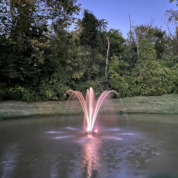 HALF OFF PONDS Floating Fountain – 1 HP Pond Aerator, 100' Cord – 15,000 GPH Water Pump – 13 Spray Patterns - White LED Lights – Energy-Efficient - for Large Ponds, Lakes & Water Gardens