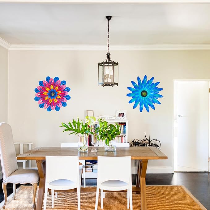 2PCS 12 Inch Metal Flower Wall Decor - Blue and Red, Vibrant Rustic Modern Hanging Art Sculpture - Decoration for Farmhouse, Fence, Patio, Living Room - Kitchen and Bathroom Art Wall Decor