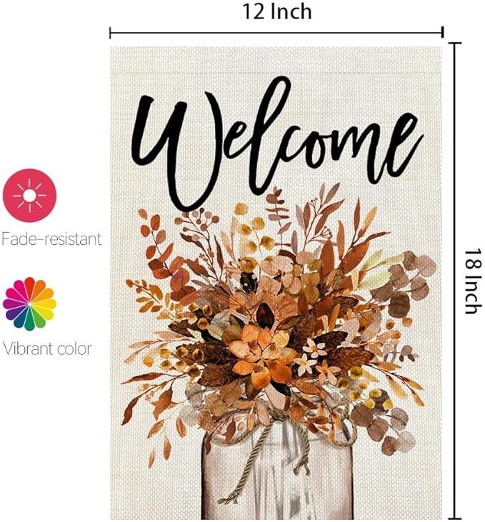 CROWNED BEAUTY Fall Garden Flag Floral Mason Jar 12x18 Inch Double Sided for Outside Small Welcome Burlap Autumn Seasonal Yard Decoration