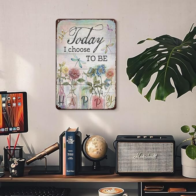 YOYI ART Metal Flowers Dragonfly Wall Decor Sign - Today I Choose to Be Happy, Vintage Tin Signs for Home, Bedroom, Kithcen, Garden, Patio and Yard Wall Art Accessories, Gifts for Women, 8 x 12 inch
