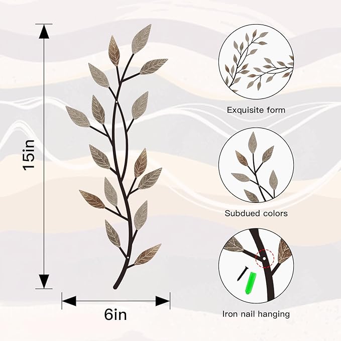LWHZHE 2 Pieces Vintage Tree Leaf Wall Art Vine Metal Bathroom Wall Decor Olive Branch Wall Decor Living Room Tree Wall Art for Outdoor Hallway Kitchen Garden (Rustic Brown)