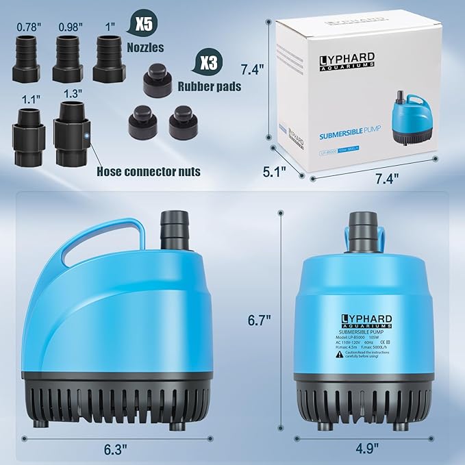 LYPHARD AQUARIUMS 105W Submersible Water Pump, 1005GPH High Lift 11.8ft Aquarium Pumps for Fish Tank, Pond, Fountain, Hydroponics, Waterfall