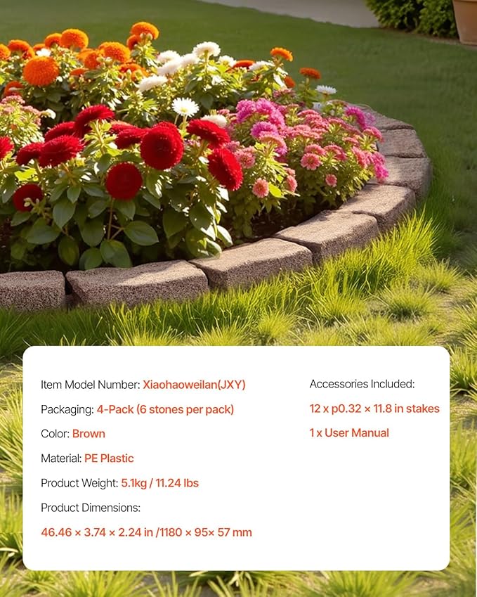 VEVOR Faux Stone Landscape Edging, No Dig Garden Edging Border, Flexible Blocks for Lawn Edging, Flower Beds, Driveway, Yards with 12 Spikes, 4 Pack 24 Bricks 16FT Kit, 46.5" Lx 3.7" W x 2.2" H, Brown
