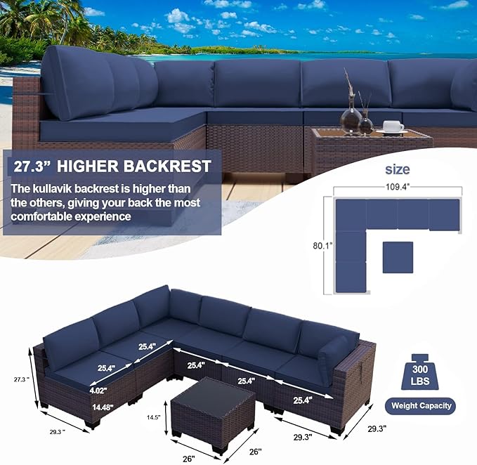 Kullavik 12PCS Outdoor Patio Furniture Set,PE Wicker Rattan Sectional Sofa Patio Conversation Sets with Tempered Glass Table,Swivel Rocking Chairs Set,Navy Blue