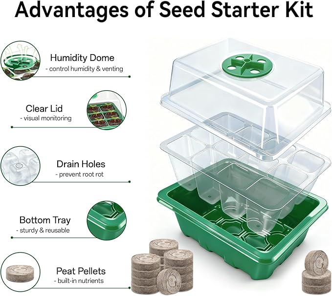 Halatool 4 Pack Seed Starter Tray with 50 PCS Peat Pellets, 48 Cells Green Seeding Starter Trays for Organic Seed Starter Soil Pods for Planting Vegetables Plants Flowers - Starting Seeds Kit