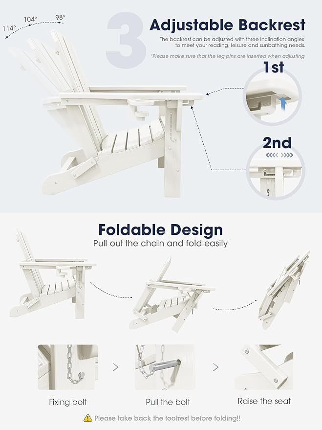 KINGYES Folding Adjustable Adirondack Chair with Ottoman & 2 Cup Holders, HDPE Adirondack Recliner Chair with Footrest, White