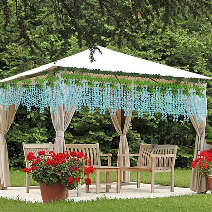 Artificial Wisteria Hanging Flowers-Fake Wisteria Flower Garland Silk Vines Rattan Decor for Home Wedding Arch Wall Garden Greenery Bedroom Outdoor Office Party Decoration(24, Blue)