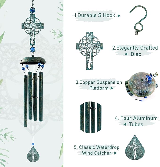 Cross Wind Chimes for Outside, Metal Hanging Wind Chimes, Zen Windchime with Calming Sound for Yard, Balcony, Yoga Room