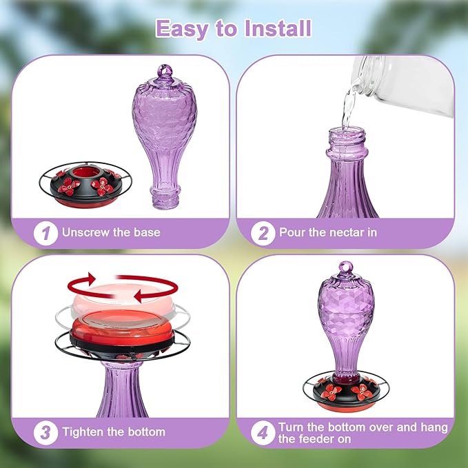 20 OZ Glass Hummingbird Feeders for Outdoors Hanging - Hand-Blown Vibrant Purple Reflective Fish-Scale Design - Attracts More Hummingbirds - Leak-Proof Silicone Seal & Ant Moat, Gift for Mom