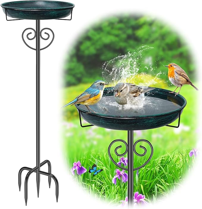 Metal Bird Bath for Outside,Vintage Freestanding Bird Bath with Metal Stake Upgraded 5 Pronged Base Detachable Birdbaths Feeder Bowl for Outdoors Garden Patio Yard Lawn Decor (Vintage Green)