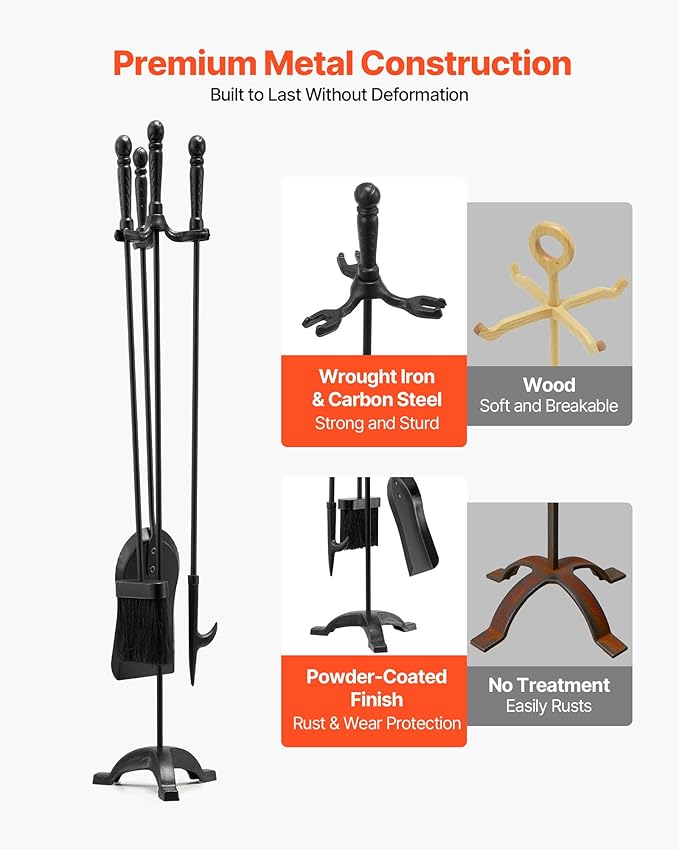 VEVOR Fireplace Tool Set, 4 PCS Fire Tool Set and Holder with Three-Prong Stand, Ash Shovel, Brush, Fire Place Poker, Wrought Iron Fireplace Accessories for Campfire Indoor/Outdoor, Black