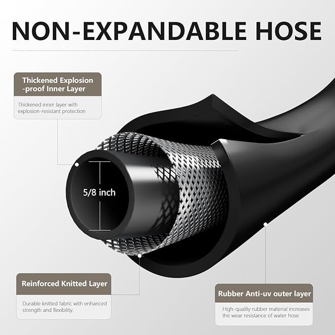Garden Hose 5/8" x 25ft Brass Rubber Heavy Duty Water Hose 600 PSI Burst Pressure, Durable Flexible Hose for Yard, Car Wash, Pets Black