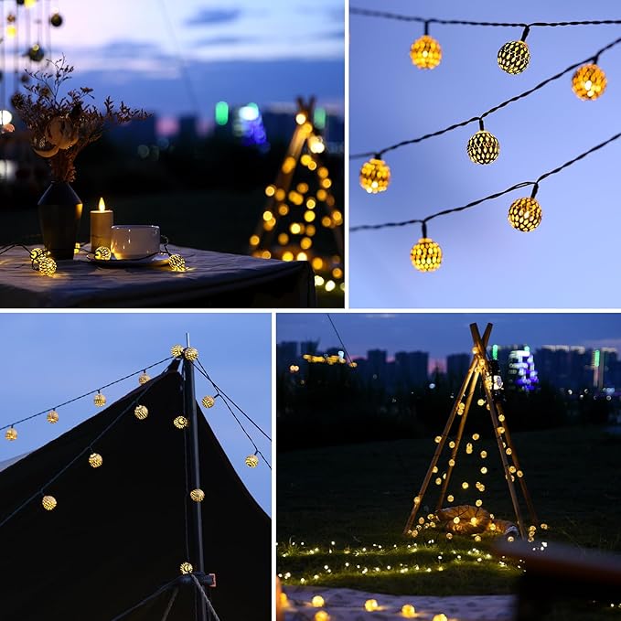 Moroccan String Lights Plug-in 60 LED 29ft Indoor Outdoor Waterproof 8 Modes Diwali Lights with Timer & Remote Control, Decorative Globe for Bedroom Christmas, Warm White