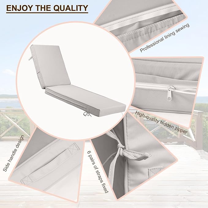 Chaise Lounge Cushions Outdoor Set of 2, Waterproof & Fade Resistant Patio Lounger Cushions, Replacement Sun Lounger Pads with Removable Cover for Pool, Deck, Lawn Furniture