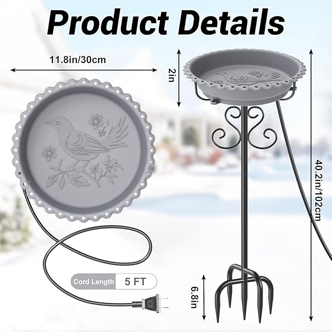 Heated Bird Baths for Outdoors,Upgraded 100W Thermostat Control Heated BirdBaths for Winter with Metal 5 Prong Base Heated Bird Bath for Outside Winter Garden Yard Patio Lawn (Grey)