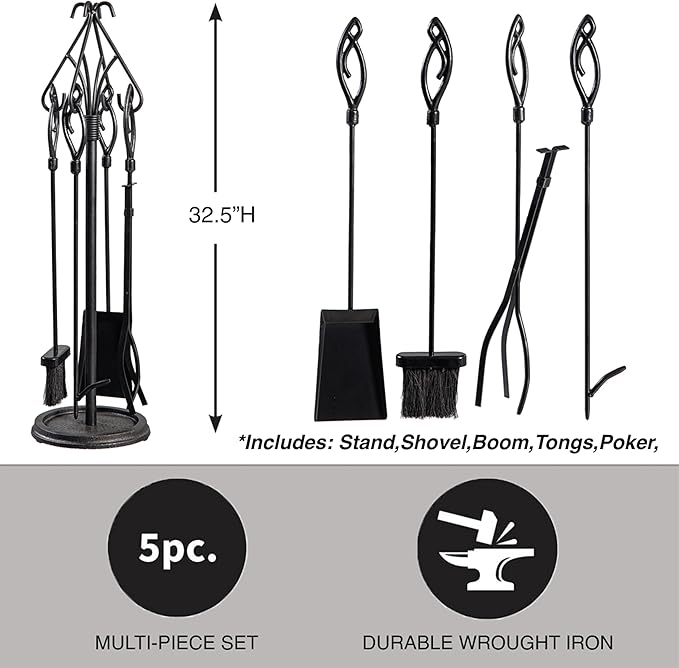 Plow & Hearth Gothic 5 Piece Fireplace Tool Set with Poker Tongs Shovel Broom and Stand | 32.5" H | Black Wrought Iron Handle for Outdoor Indoor | Wood Stove Firepit Accessory
