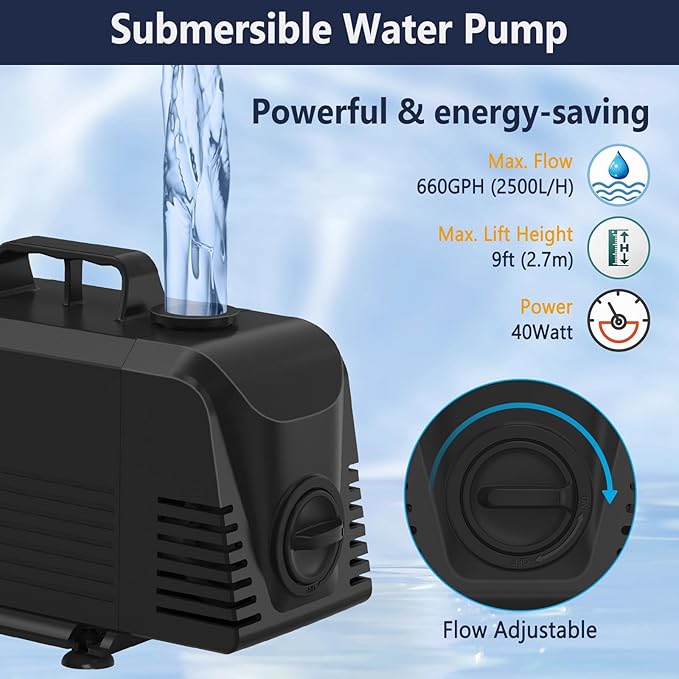 AquaMiracle Pond Waterfall Kit with LED Lights, All-in-1 Stainless Steel Spillway with 660GPH Water Pump, Outdoor Waterfall Fountain for Garden, Backyard & Pool Decor (12inch)