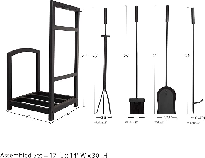 5-Piece Fireplace Tool Set and Log Rack - Mission-Style Firewood Holder with Shovel, Broom, Tongs, and Poker for Hearth by Lavish Home (Matte Black)