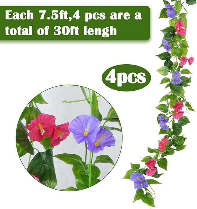 GTIDEA 4Pcs Fake Vines 30Feet Artificial Hanging Morning Glory Flower Garland Mixed Color Faux Vines for Outdoors for Wall Fence Indoor Wedding Decor