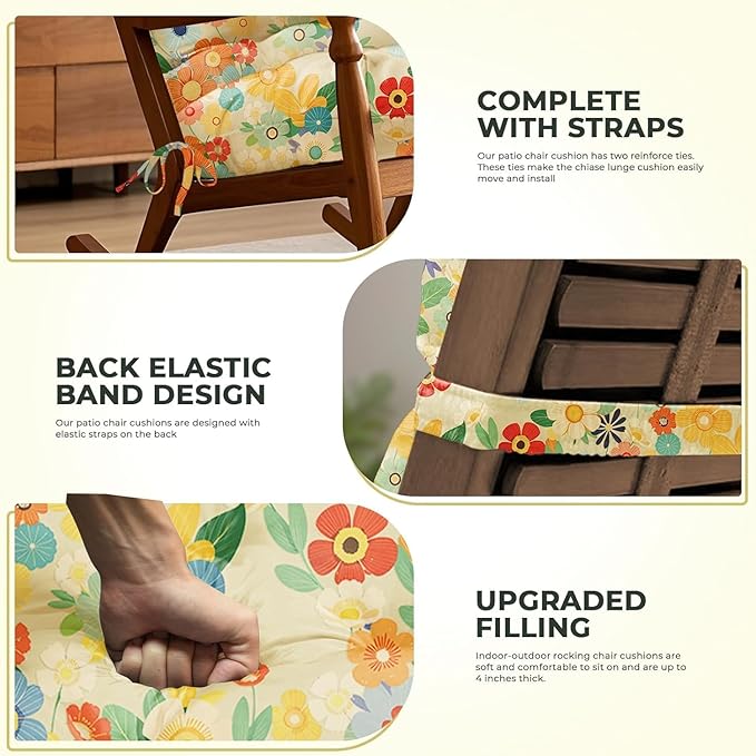 2 Pack Adirondack Chair Cushion Waterproof Indoor Outdoor Rocking Chair Cushion 44 Inches Patio High Back Chair Cushions Thickened Adirondack Rocking Chair Cushions with Ties, Daisy