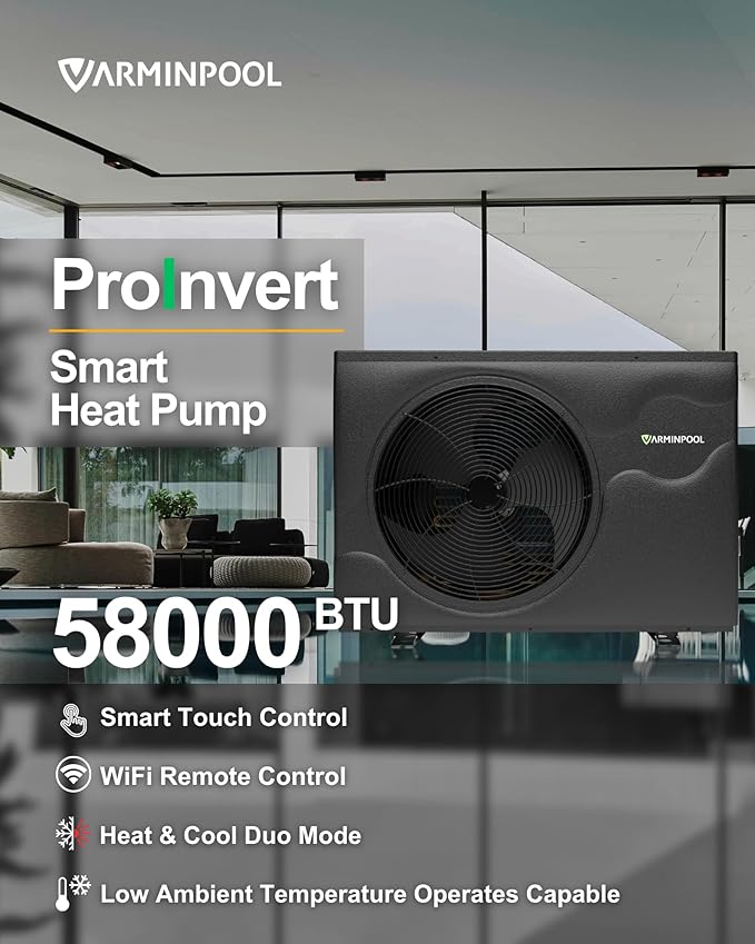 58000BTU Smart Inverter Pro Pool Heat Pump for Inground & Above Ground Pools up to 18000 Gallons, WiFi Enabled Electric Pool Heater with Heating & Cooling, 220V, Timer Control
