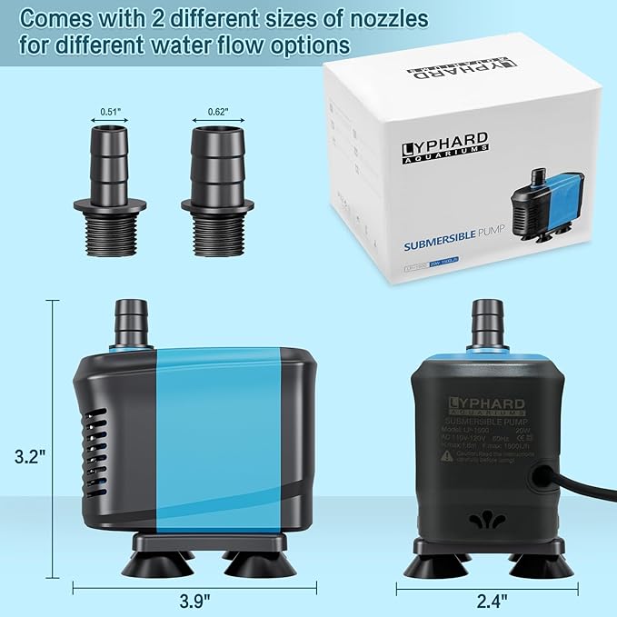 LYPHARD AQUARIUMS 20W Submersible Water Pump Flow 320GPH, High Lift 4ft, Ultra Quiet Pond Pumps Aquarium Pump for Fish Tank, Hydroponics, Outdoor Fountain
