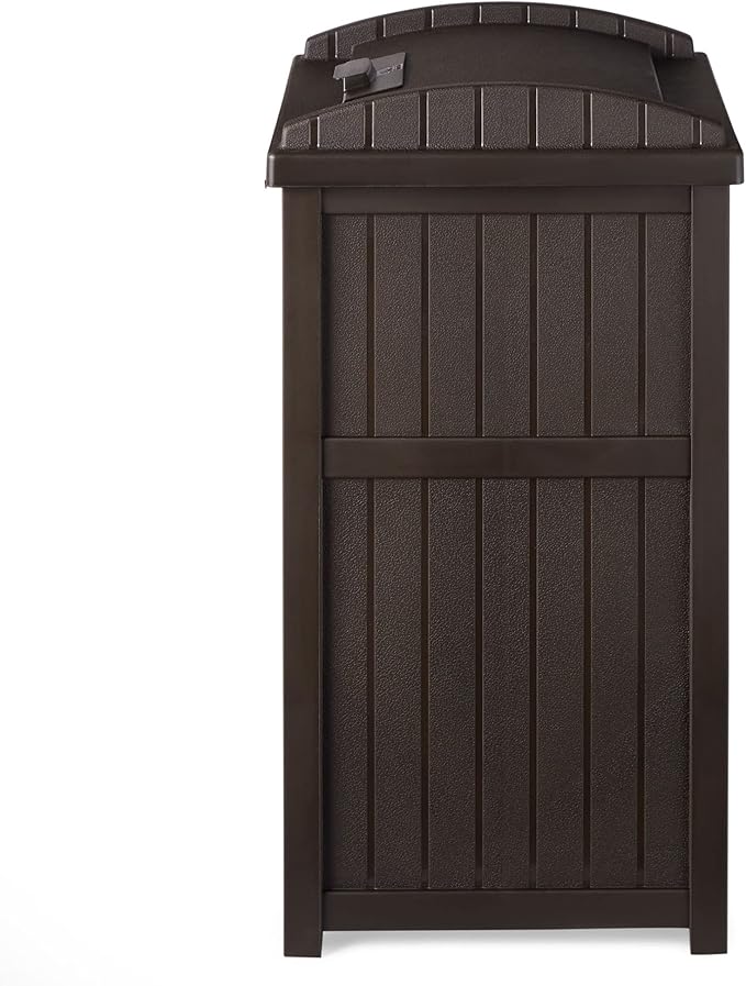Suncast 3 Pack 33 Gallon Durable Plastic Hideaway Outdoor Garbage Can with Secure Lid & Wicker Design for Home Backyards, Decks, or Patios, Java Brown