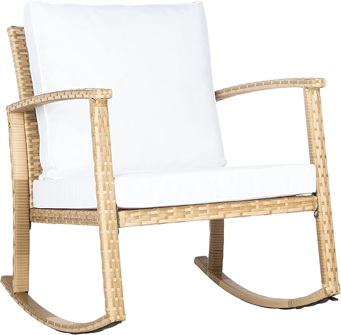 SAFAVIEH Outdoor Collection Daire Woven Natural/White Cushion Rocking Chair for Patio Porch Backyard Sunroom