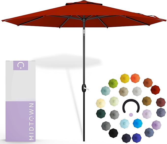 Midtown Umbrellas - 10-Year-No-Fade 6 Ft Patio Umbrella with Terylast Fabric, Auto-Tilt Aluminum Frame and 8 Reinforced Ribs for Deck, Pool, Garden & Beach - Apple Red Canopy, Black Pole