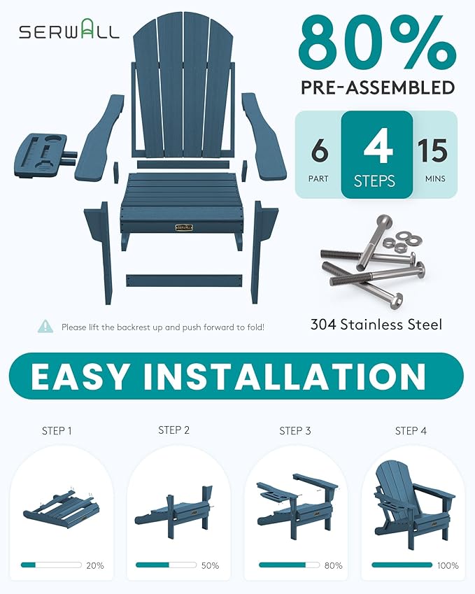 SERWALL Foldable Adirondack Chair Set of 2, Adirondack Chairs with 4 in 1 Cup Holder, Weather Resistant Plastic Chair for Patio Garden Outdoors Fire Pit-Blue