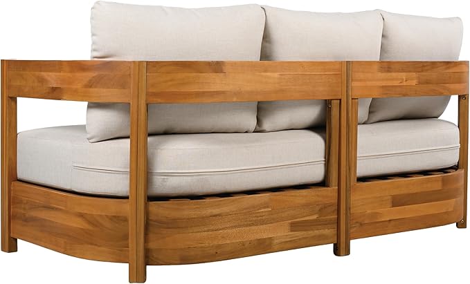 SAFAVIEH Outdoor Patio Furniture Collection - Kento Natural Wood 3-Seater Sofa with Taupe Cushions, Wide & Comfortable Deep Seating, Modern Design (PAT7098A)