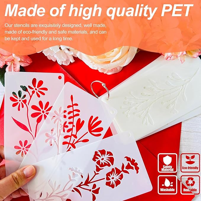Flower Stencils for Painting, 18PCS 6x3 Inch Botanical Stencils for Crafts Reusable, Floral Drawing Templates for Wood Wall Canvas, Great for Card Making, Home Decor & DIY Projects