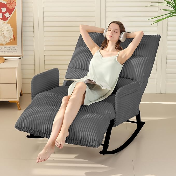Oversized Rocking Chair with Adjustable Backrest and Footrest, Outdoor Reading Chair - Chaise Lounge Chair Indoor, Comfy Corduroy Rocking Chair for Patio, Porch, Balcony, Living Room