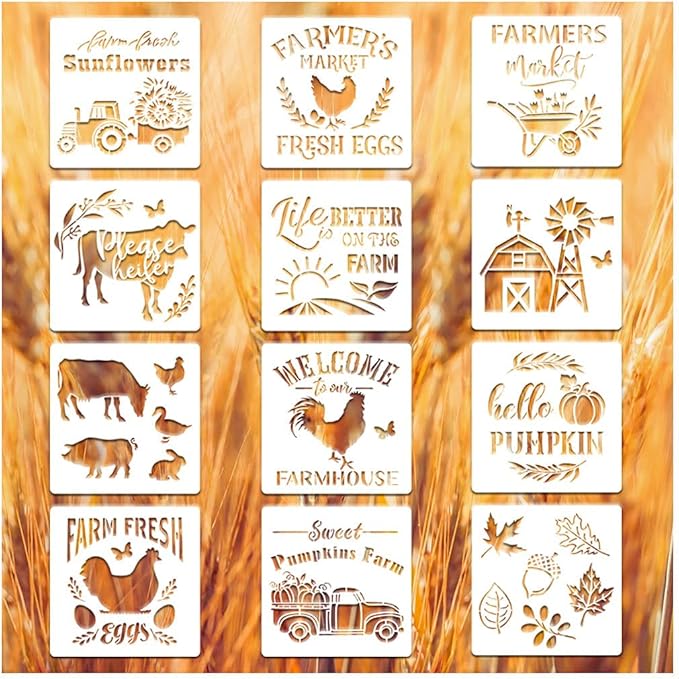 12 Pieces Farm Stencils Reusable Farmhouse Stencils Farm Theme Painting Template for Drawing Tracing DIY Furniture Wall Floor Fabric Decors Pastoral Lovers (6x6 inch)
