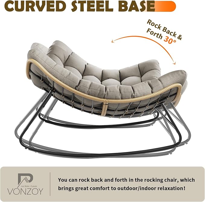 Outdoor Rocking Chair, Indoor Papasan Chair, Oversized Egg Rocking Chair with Thick Cushion, Rattan Wicker Rocker Lounge Chair for Bedroom, Living Room, Patio, Garden, Porch (Light Grey)