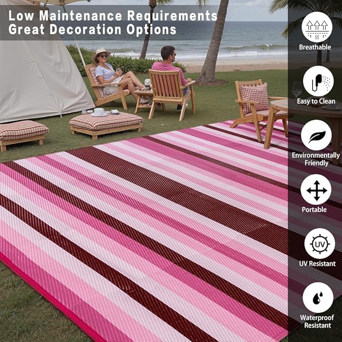 HUGEAR Outdoor Waterproof Rug 6'x9' Plastic Straw Rugs Washable Reversible Floor Mat Pink Stripe Carpet for Camping RV Deck Entryance Porch Picnic Balcony Beach Backyard