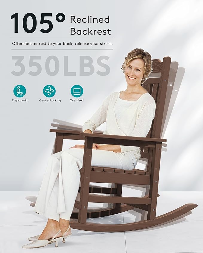 SERWALL Oversized Rocking Chair Set of 2 Outdoor, HDPE Outdoor Rocking Chair Set of 2, Coffee