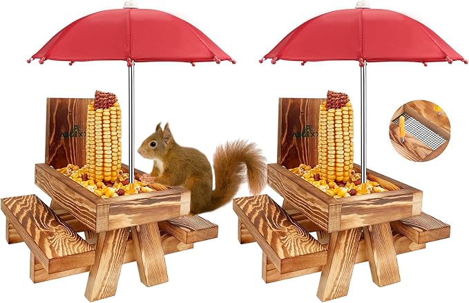 MIXXIDEA Squirrel Feeder Picnic Table with Tall Umbrella Set of 2, Wooden Squirrel Feeders for Outside, Cute Chipmunk Feeder with Corn Cob Holder, Solid Structure, Thick Wood (Rustic Brown 2pk)