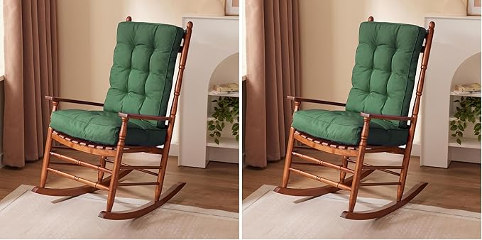 Rocking Chair Cushion, Waterproof and Fade-Resistant Patio Chair Cushions, Tufted Chair Pads for Rocker Furniture, 17x17 Inch, Indoor/Outdoor Seat Cushions with Ties, Dark Green (Pack of 2)