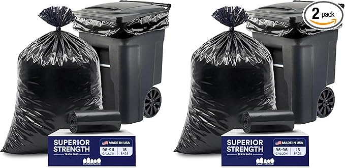 Plasticplace 95-96 Gallon Heavy Duty Black Trash Bags - Contractor Grade,Extra Large Garbage Bags for Construction & Outdoor Trash Cans,1.2 Mil Thick,61” x 68” (Roll),15 Count (Pack of 2)